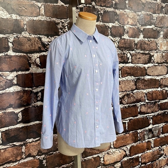 1901 Blue Shirt Top Button Up Stripes Pink Polka Dots Size Small - Picture 4 of 10